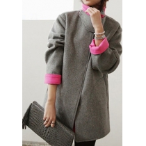Elegance Chic Thick Contrast Colors Stand Collar Versatile Loose Coat 