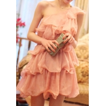 Bridesmaid Layered One Shoulder Pink Ruffled Mini Dress  