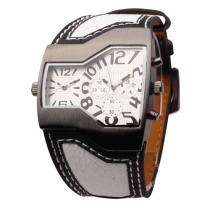 OULM Leather Watchband Tonneau Shaped Dial Dual Time Men Watch