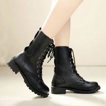 Round Toe Lace Up Knee-high Flats Martin Boots
