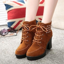 Fashion Rivets Thick High-heeled Lace Up Ankle Boots Booties