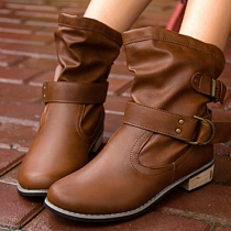 British Style Square Heel Round Toe Motorcycle Boots Booties