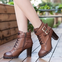 Fashion Thick High-heeled Round Toe Lace Up Martin Booties