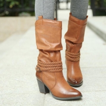 Retro Pointed Toe Thick High-heeled Knee-high Boots