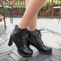 Fashion Round Toe Lace Up Thick High-heeled Ankle Booties