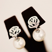 Silver Tone Rose Flower Faux Pearl Drop Stud Earring 