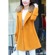 Elegant Solid Color Fur Collar Double-breasted Woolen Coat