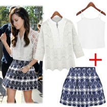 Floral Crochet Lace Top and Stringing Beads Print Skirt Set 