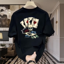 Fashion Skull Playing Cards Printed Round Neck Short Sleeve Shirt for Men
