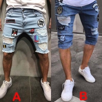 Fashion Patch Spliced Ripped Men's Knee-length Denim Shorts