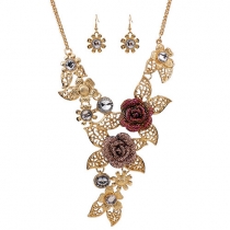 Retro Style Hollow Out Rose Pendant Necklace + Earrings Set
