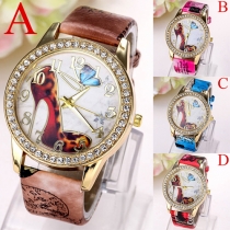 Fashion PU Leather Butterfly high-heeled Shoes Pattern Quartz Watch