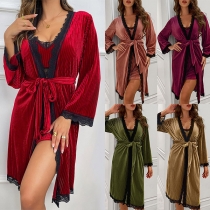 Sexy Two-piece Loungewear Consist of Lace Spliced Robe and Slip Dress
