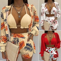 Fashion Floral Printed Three-piece Blazer Set Consist of Blazer, Brassie and Shorts