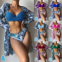 Fashion Three-piece Swimsuit Consist of Floral Printed Cardigan, Push-up Bikini Top and Floral Printed Bikini Bottom