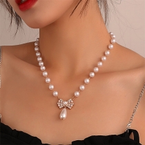 Vintage Rhinestone Bowknot Pearl Pendant Pearl Necklace