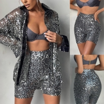Fashion Bling-bling Sequined Two-piece Set Consist of Long Sleeve Cardigan and High-rise Shorts