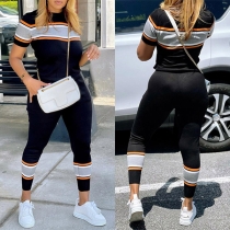 Casual Contast Color Stripe Printed Two-piece Set consist of Short Sleeve Shirt and Pants
