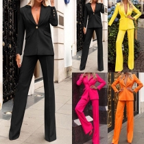 Fashion Solid Color Two-piece Suit Set Consist of Blazer and Wide-leg Pants