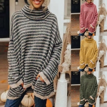 Casual Contrast Color Stripe Turtleneck Long Sleeve Loose Knitted Shirt