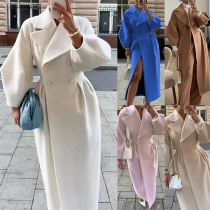 Street Fashion Solid Color Lapel Lantern Sleeve Double-breasted Duffle Coat