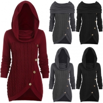Fashion Solid Color Hooded Long Sleeve Irregular Hemline Knitted Sweater