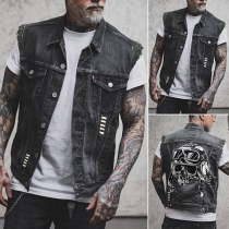 Vintage Old-washed Distressed Skull Printed Denim Vest for Men