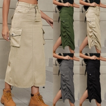 Street Fashion Solid Color Patch Side Pockets Side Drawstring Skirt