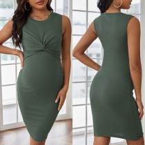 Fashion Solid Color Round Neck Sleeveless Kink-knot Ribbed Maternity Dress