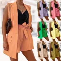 Fashion Solid Color Two-piece Suit Set Consist of Sleeveless Blazer and Self-tie Shorts