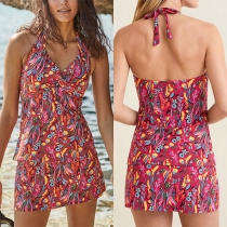 Fashion Floral Printed Swimsuit Set Consist of Halter Neck Swimming Shirt and Swimming Skirt