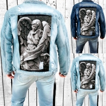 Vintage Old-washed Distressed Angel Printed Denim Jacket for Men
