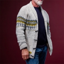 Vintage Contrast Color Pattern Knitted Cardigan for Men