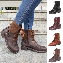 Fashion Buckle Lace-up Side Zipper Artificial Leather PU Ankle Boots