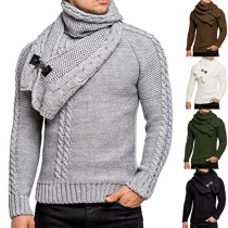 Fashion Solid Color Round Neck Long Sleeve Pullover Sweater for Men with Detachable Scarf