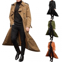 Street Fashion Solid Color Double Breasted Long Sleeve Longline Windbreaker Jacket for Men