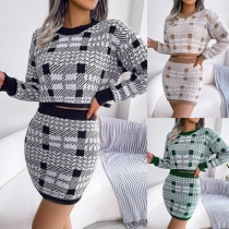 Street Fashion Contrast Color Checkered Knitted Two-piece Set Consist of Crop Sweater and Mini Skirt