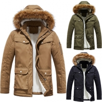 Fashion Plush Lined Artificial Fur Spliced Hooded Warm Coat for Men
