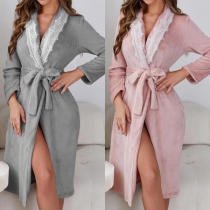 Fashion Lace Spliced Lapel Self-tie Plush Robe/Loungewear Robe