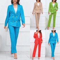 Fashion Houndstooth Printed Two-piece Set Consist of Double-breasted Blazer and Pants