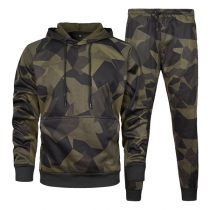 Street Fashion Camouflage Printed Two-piece Sport Set for Men Consist of Drawstring Hooded Sweatshirt and Sweatpants