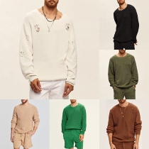 Street Fashion Ribbed Round Neck Long Sleeve Knitted Sweater for Men