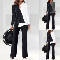Street Fashion Contrast Color Two-piece Set Consist of Horn Buckle Shirt and Wide-leg Pants