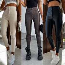 Fashion Solid Color Button High-rise Skinny Artificial Leather PU Leggings/Pants