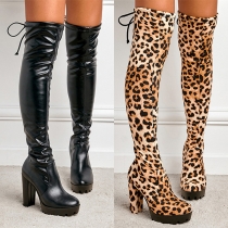 Street Fashion Solid Color/Leopard Print Back Tie Block Heeled Knee-length Boots