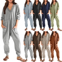 Casual Solid Color V-neck Long Sleeve Patch Pockets Loose Jumpsuit