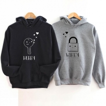 Fashion Hubby and Wifey Lock and Key Printed Hooded Sweatshirt for Lover