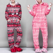 Christmas Snowflake Printed Hooded Pom-pom Drawstring hooded Flannel Pajamas Jumpsuit for Couple