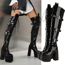 Street Fashion Platform Block High-heeled Lace-up Buckle Artificial Leather PU Over-the-knee Boots