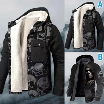 Punk Fashion Skull Plush Lined Drawstring Hooded Jacket for Men